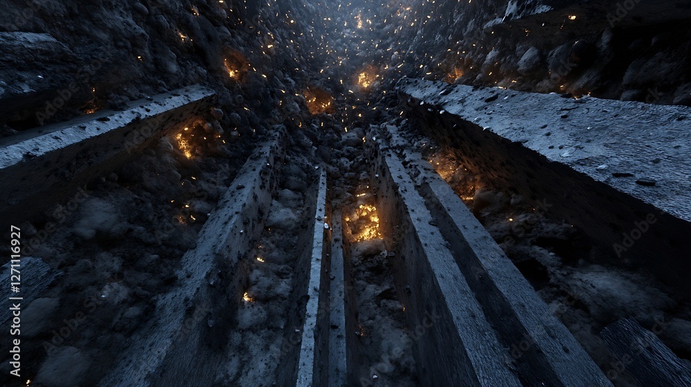 Poster eerie view of a deep shaft underground illuminated by flickering lights : generative ai