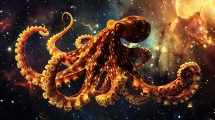 A vibrant octopus gracefully swims through a colorful cosmic background filled with stars