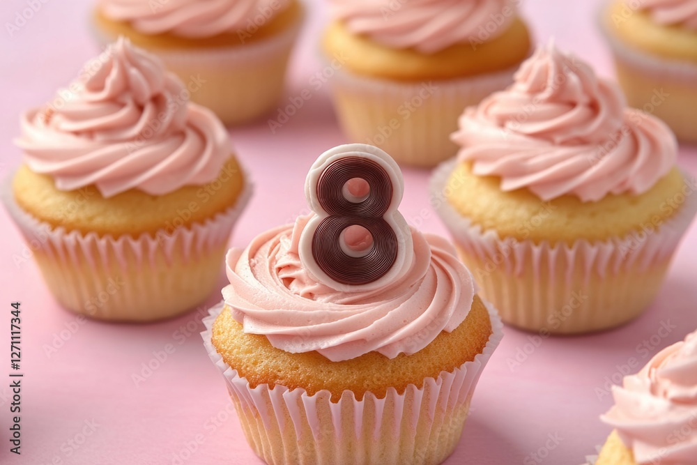 Poster a single serving of a delicious-looking cupcake with pink frosting, placed on a matching pink surfac