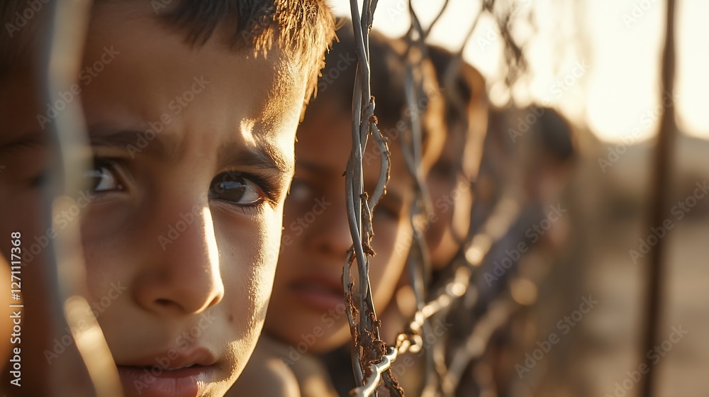 Poster Closeup of a boy peering through a fence with a serious expression in a shaded area : Generative AI