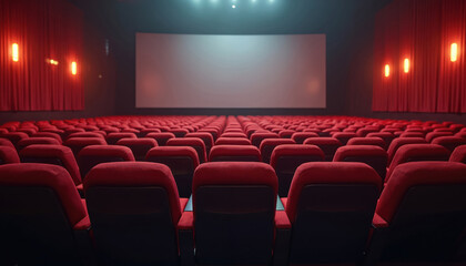 Empty modern cinema theater with comfortable red seats, illuminated screen. Interior evokes excitement of movie experiences. Velvet chairs rows. Concept of leisure, entertainment, relaxation,