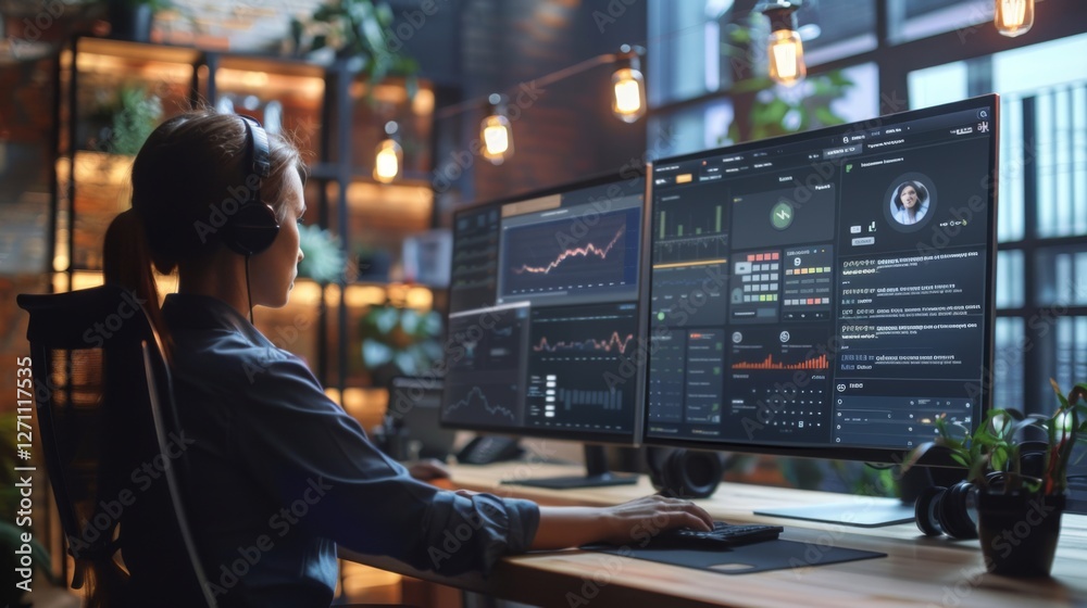 Poster A data analyst focus on analyzing financial trends at a stylish office desk in the evening, utilizing several screens displaying graphs and statistics.