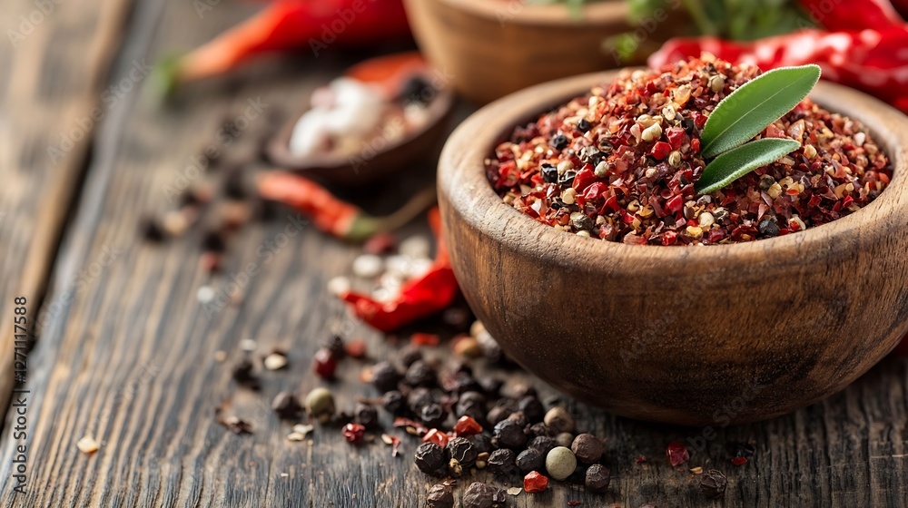 Poster delicious blend of colorful spices in wooden bowls with dried chili peppers on rustic table : genera