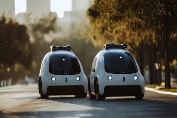 Two autonomous vehicles navigating a busy urban road