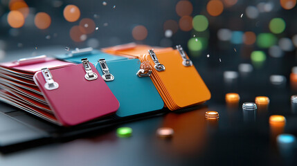 Colorful file organizers stacked on dark surface, surrounded by vibrant bokeh lights, creating dynamic and professional atmosphere