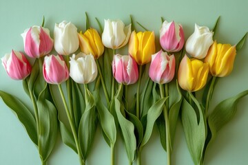 Obraz premium A bouquet of colorful tulips arranged in a row, perfect for decorating or as a gift