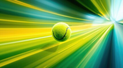A vibrant, abstract representation of a tennis ball in motion, surrounded by dynamic light streaks in yellow and green hues.
