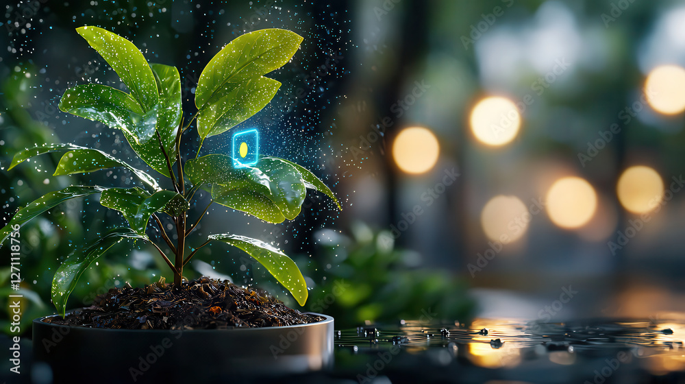 Poster vibrant green plant with water droplets, symbolizing growth and technology, is illuminated by digita
