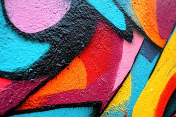 Close up shot of a vibrant graffiti wall with various colors and designs