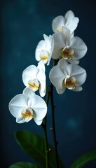 Fototapeta premium White orchid branches with lush foliage on a dark blue background, naturalistic, floral, orchid branch