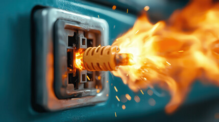 close up of electrical fire starting in wall outlet, showcasing flames and sparks. This highlights dangers of electrical malfunctions and importance of safety