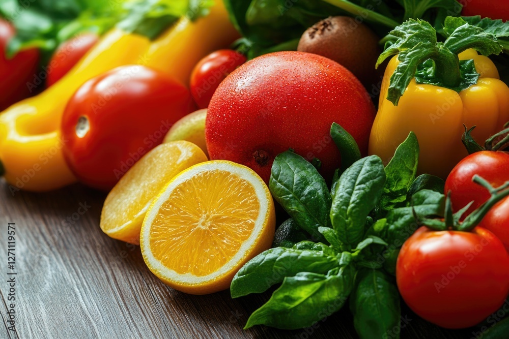 Poster A colorful assortment of various fruits and vegetables arranged on a table for display or use