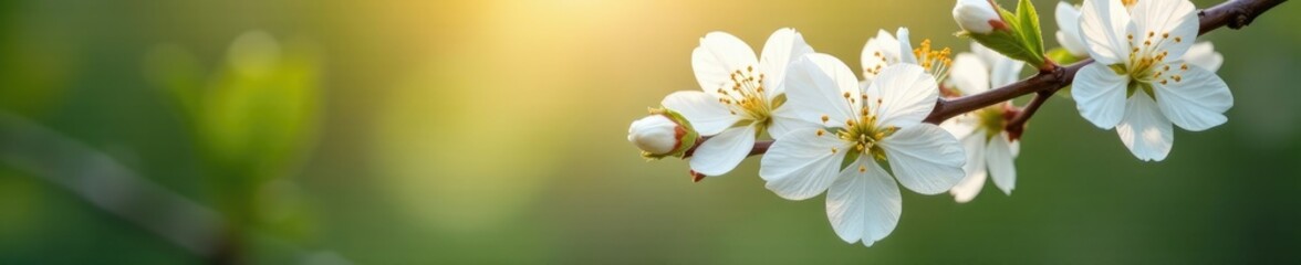 Obraz premium White flowers blooming in the morning dew on a spring branch, blooms, nature