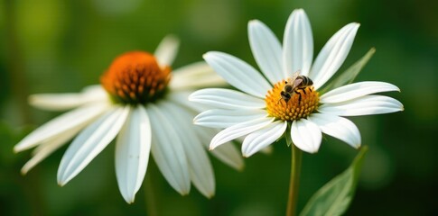 Obraz premium White echinacea flower with a small bee and some leaves in the background, insects, wildflower