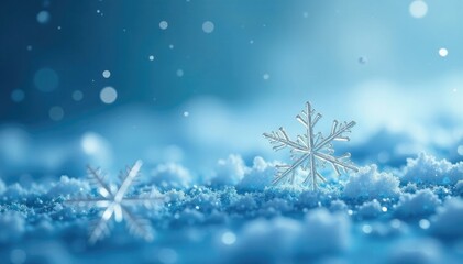 White delicate snowflakes fall gently on an icy blue surface, calming, snowflake, crystal