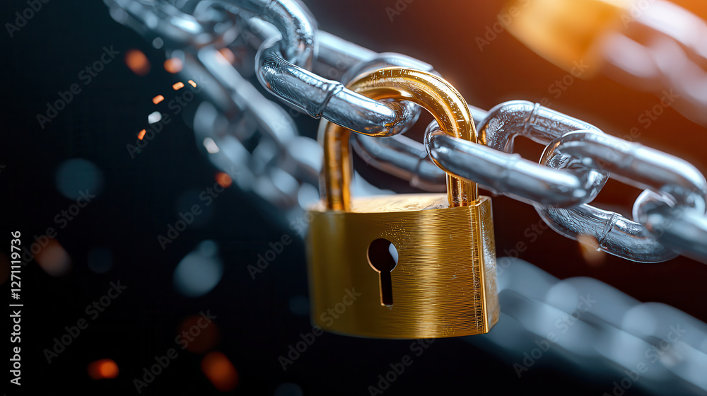 Poster close up of golden padlock secured on shiny metal chain, symbolizing security and protection. backgr