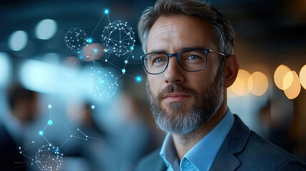 confident man with glasses and beard, surrounded by futuristic business network concept, symbolizes innovation and connectivity in modern environment