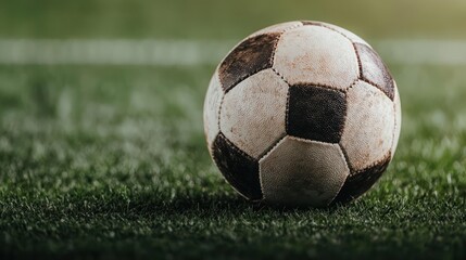 Fototapeta premium Close-up of a Wet and Dirty Soccer Ball on a Green Grass Field