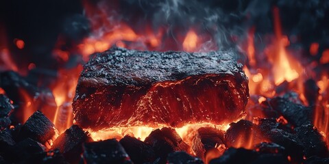 Fototapeta premium Juicy charcoal steak idea. Glowing beef steak on hot embers creating a fiery ambiance.