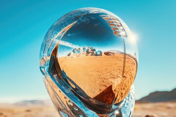 A reflective surface shows a desert landscape with sand dunes and rocks, useful for travel or nature-themed designs