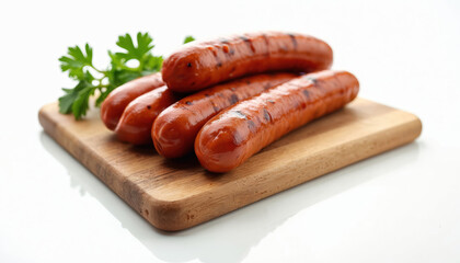 Smoked grilled sausages with green parsley on wooden board. Cooked pork sausages are delicious appetizer. Meat product for bar-b-q. BBQ snack. Ready to eat. Close-up view.