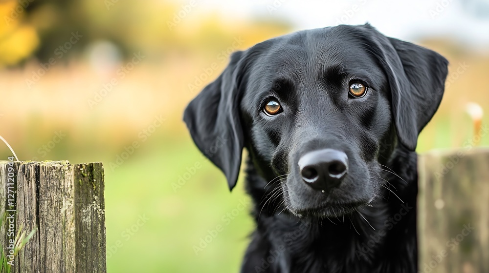 Poster a beautiful black labrador looking curiously through a wooden fence in a serene countryside setting 