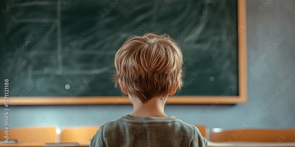 Poster young student standing in front of a traditional blackboard, ready to learn