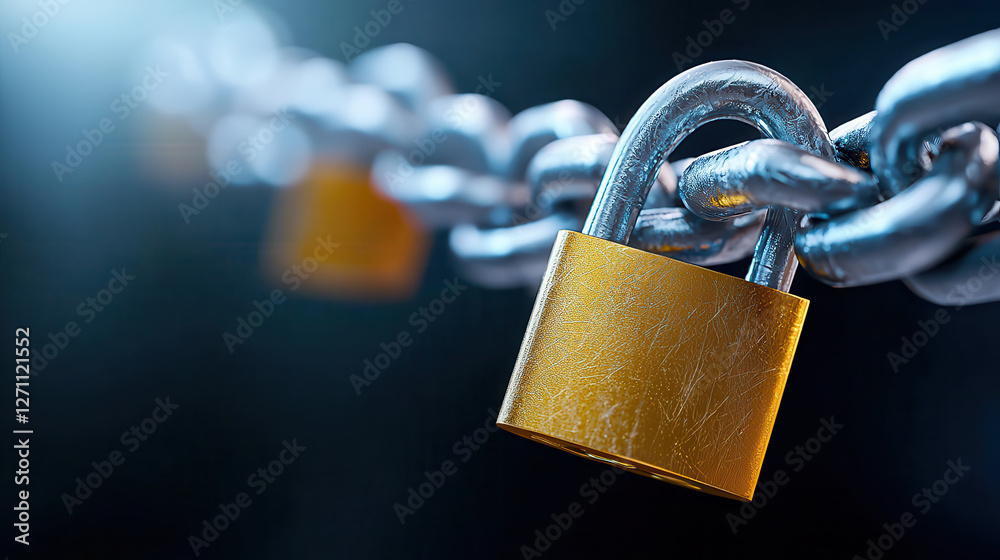 Aufkleber close up of metallic chain with golden padlock, symbolizing security and protection. image conveys sense of safety and strength in physical security measures