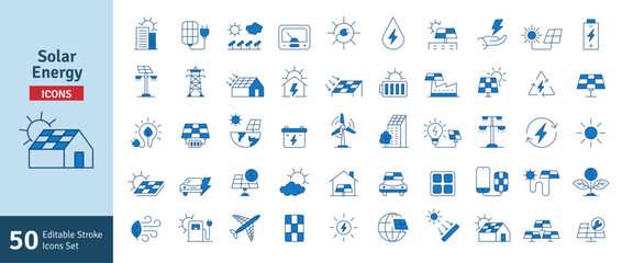 Solar Energy Blue Icons Set. Solar Panel, Green Energy, Sun Energy, Solar Battery, Energy Saving, Solar House, Ecology, Electricity, Renewable Energies Editable Stroke Vector Illustration