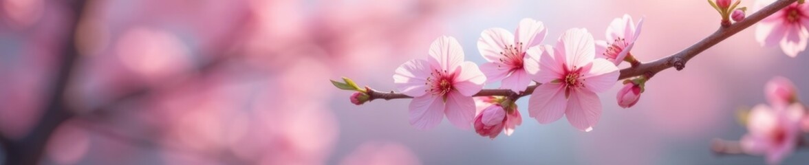 Fototapeta premium Single blooming cherry twig in soft pastel colors, trees, blossom