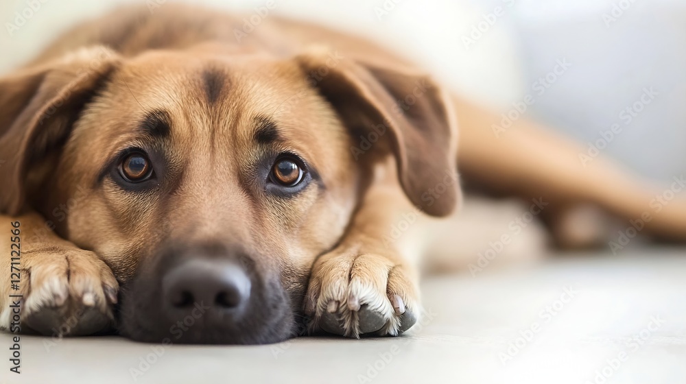 Aufkleber closeup of a sad dog lying down on a floor looking directly at the camera : generative ai