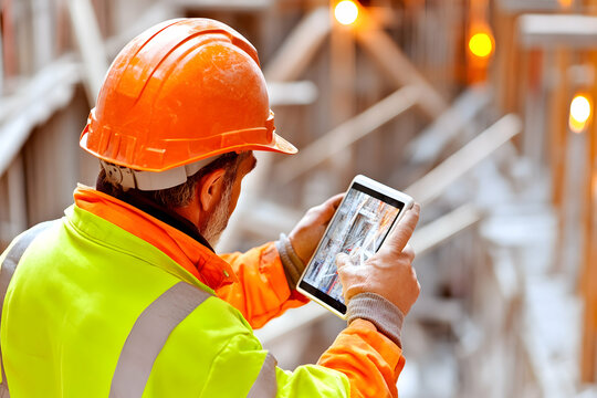 Inspector takes pictures of construction site with a tablet for documentation