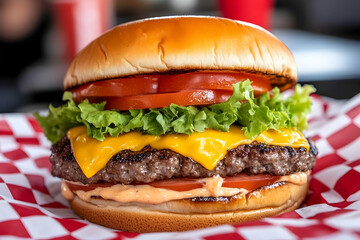 Juicy cheeseburger on checkered paper for a restaurant's menu and ads