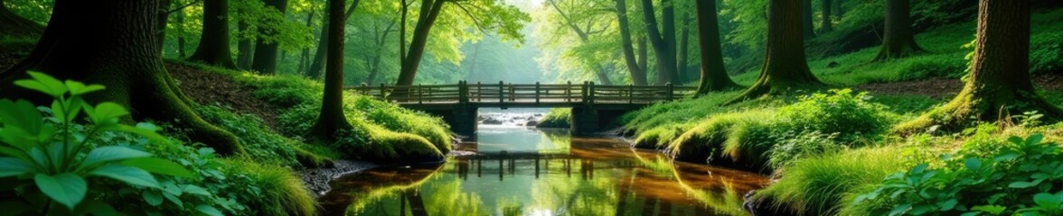 Serene forest scene with a babbling brook and wooden fence, foliage, woodland haven