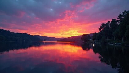 Fototapeta premium Quiet lake at sunset with surrounding trees and a few lights in the distance, peaceful,