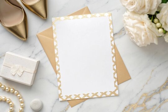 High-quality bridal shower invitation mockup with gold foil accents on a marble surface