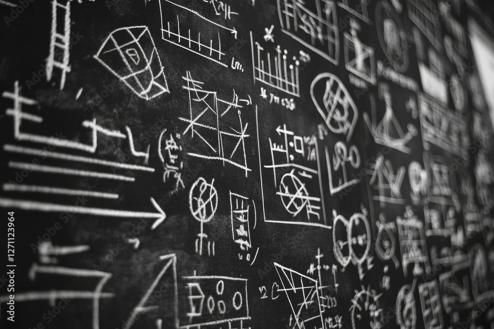 Poster a close-up shot of a blackboard covered in various writings, equations, and diagrams