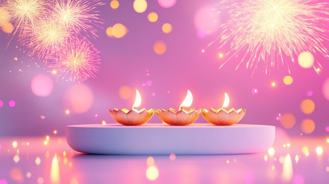 Banner design for diwali festival and podium,Diwali light decoration candle with fireworks,Stage,Product display Showcase design sparkle background,Deepavali,Dipavali,3D podium illustration. - Powered by Adobe