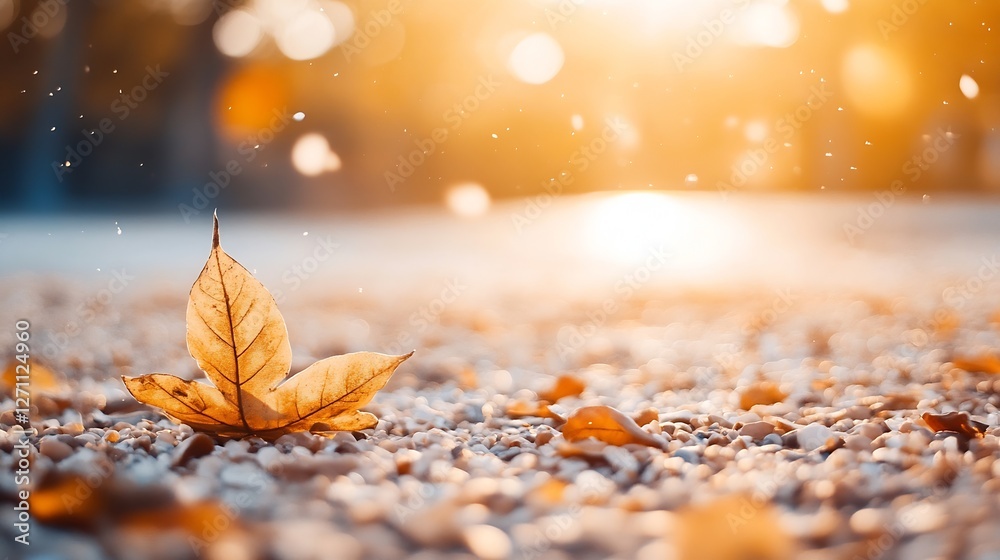 Aufkleber golden autumn leaf resting on a gravel path illuminated by soft sunlight in the evening : generative