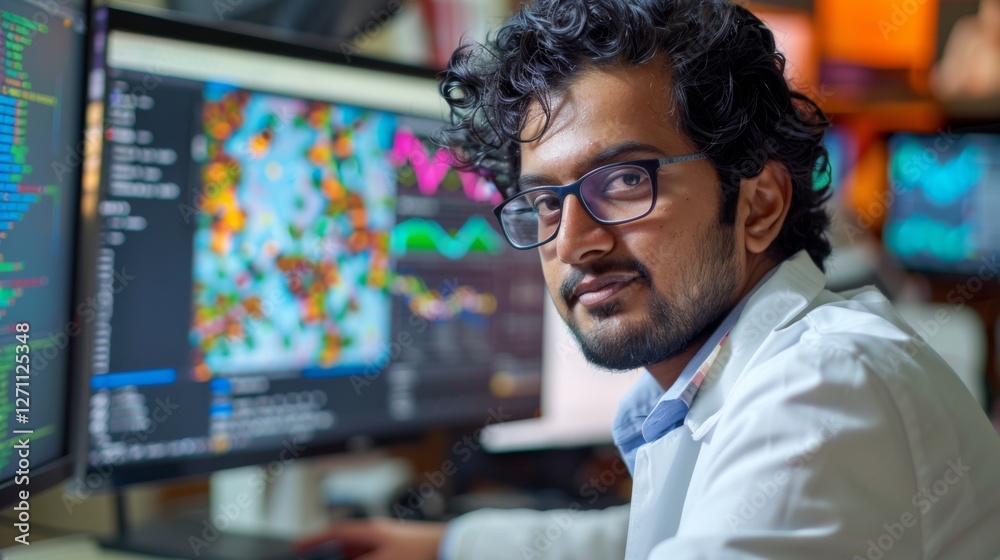Aufkleber A researcher in a laboratory focuses intently on multiple computer screens displaying complex data visualizations and scientific graphics during a busy work session.
