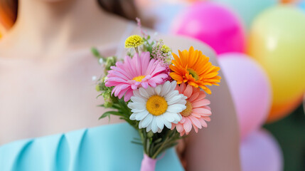Naklejka premium Woman in festive attire with spring corsage, celebrating Women's Day amidst balloons and banners.