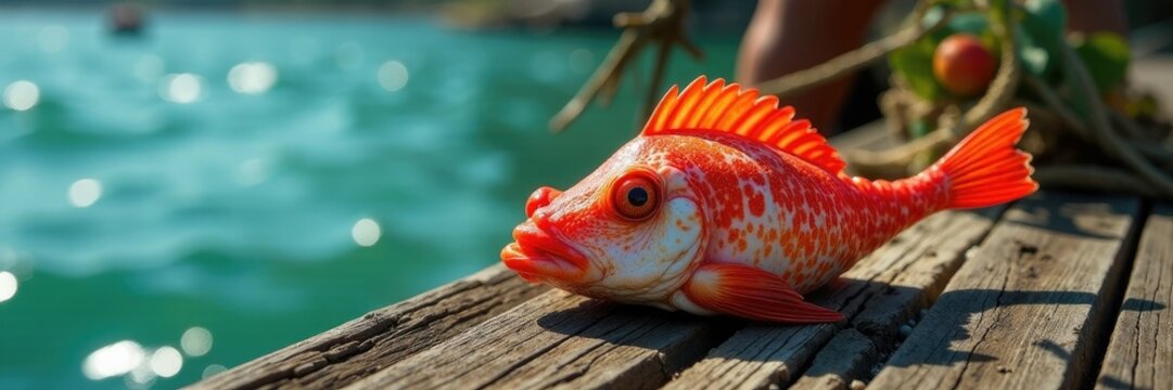 Harpago chiragra conch on a wooden dock with rope and netting, fishing