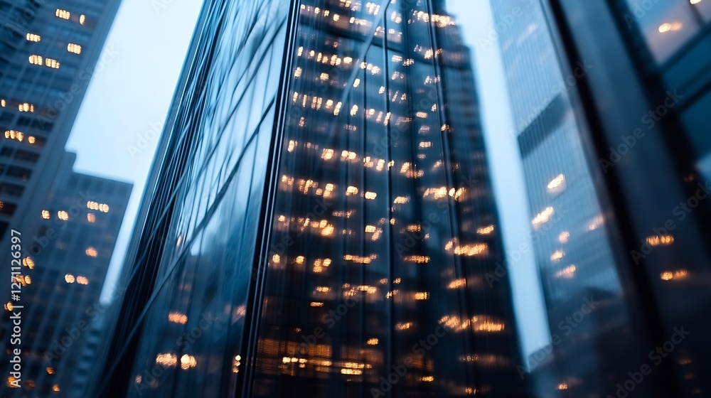 Poster stunning reflection of modern skyscrapers in urban setting during twilight with bright city lights :