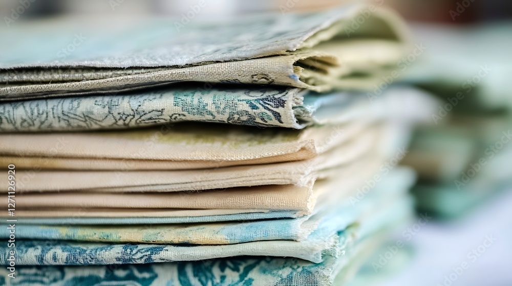 Aufkleber Elegant assortment of folded fabrics showcasing intricate patterns and rich colors stacked neatly for textile enthusiasts : Generative AI
