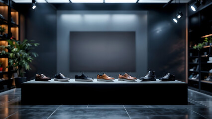 Stylish men's dress shoes in a well-lit boutique display, shoes of different styles