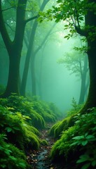 Fototapeta premium Green foggy atmosphere with wet moss and leaves, landscape, leafy