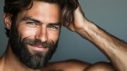 Obraz premium Close-up studio shot of a man with a rugged beard, radiant skin, and defined muscles, his hand running through his hair, smiling warmly, set against a soft gray background.