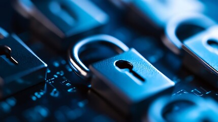 Macro shot of metallic padlocks on a digital background emphasizing security themes : Generative AI