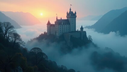 Fototapeta premium Ethereal fog wraps ancient castle, soft luminescence emanates from within, haze, castle