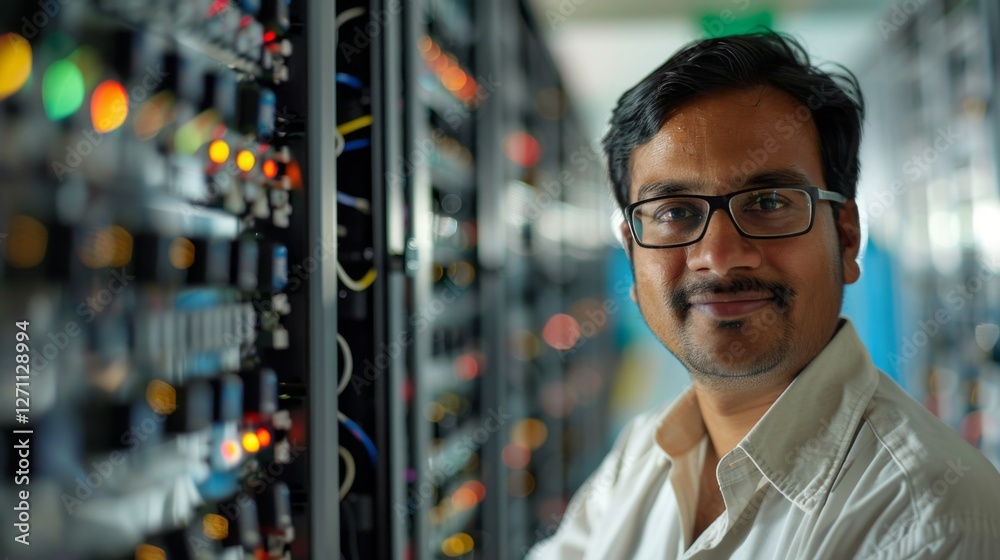 Poster IT expert stands proudly in a data center surrounded by numerous server racks filled with blinking lights, showcasing technology's role in today's business environment.